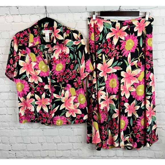NAPA VALLEY black floral linen rayon blouse A-line beaded skirt suit 12-14 - Picture 1 of 10